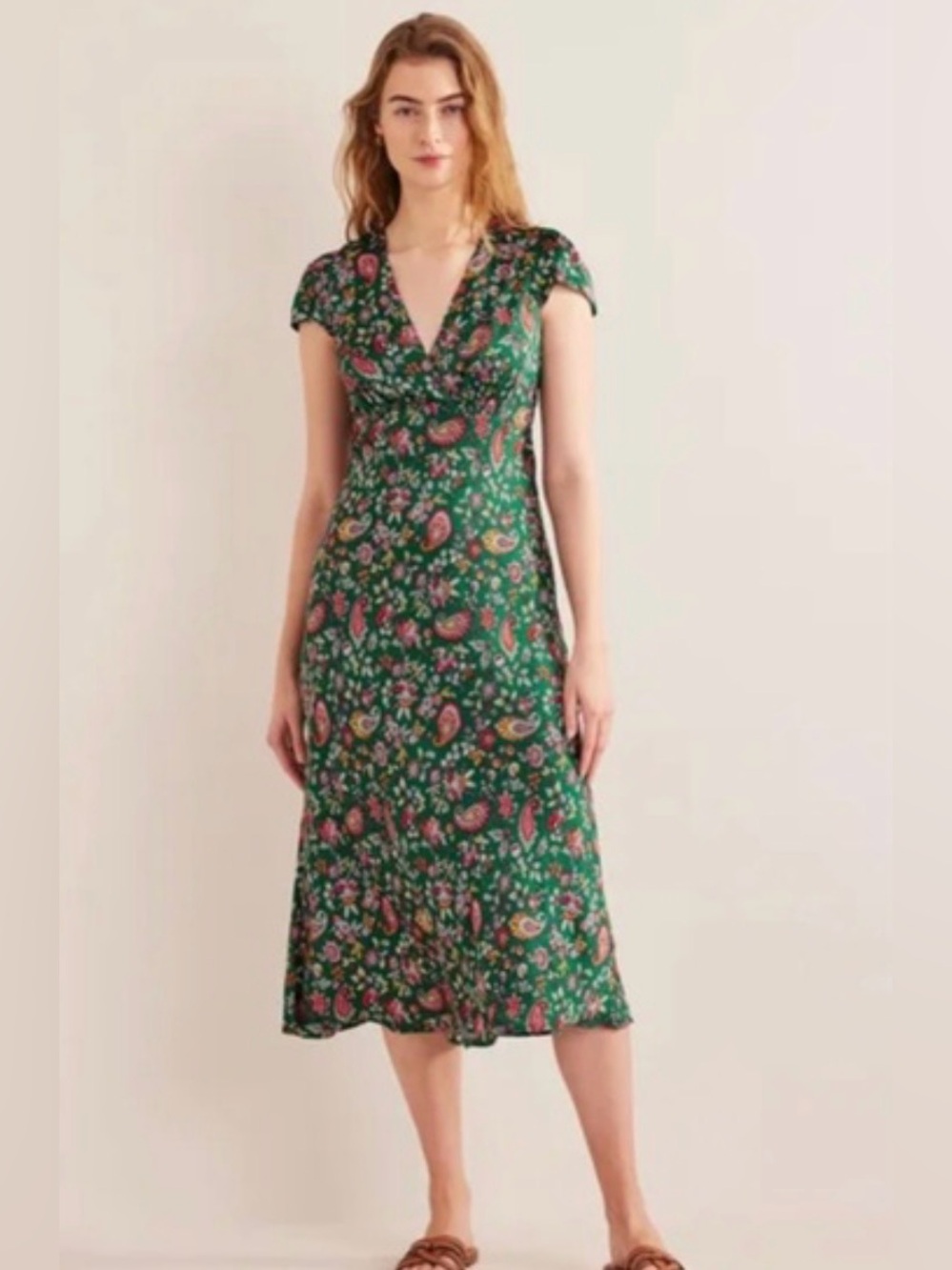 BODEN Satin Empire Green Paisley Floral Tea Dress